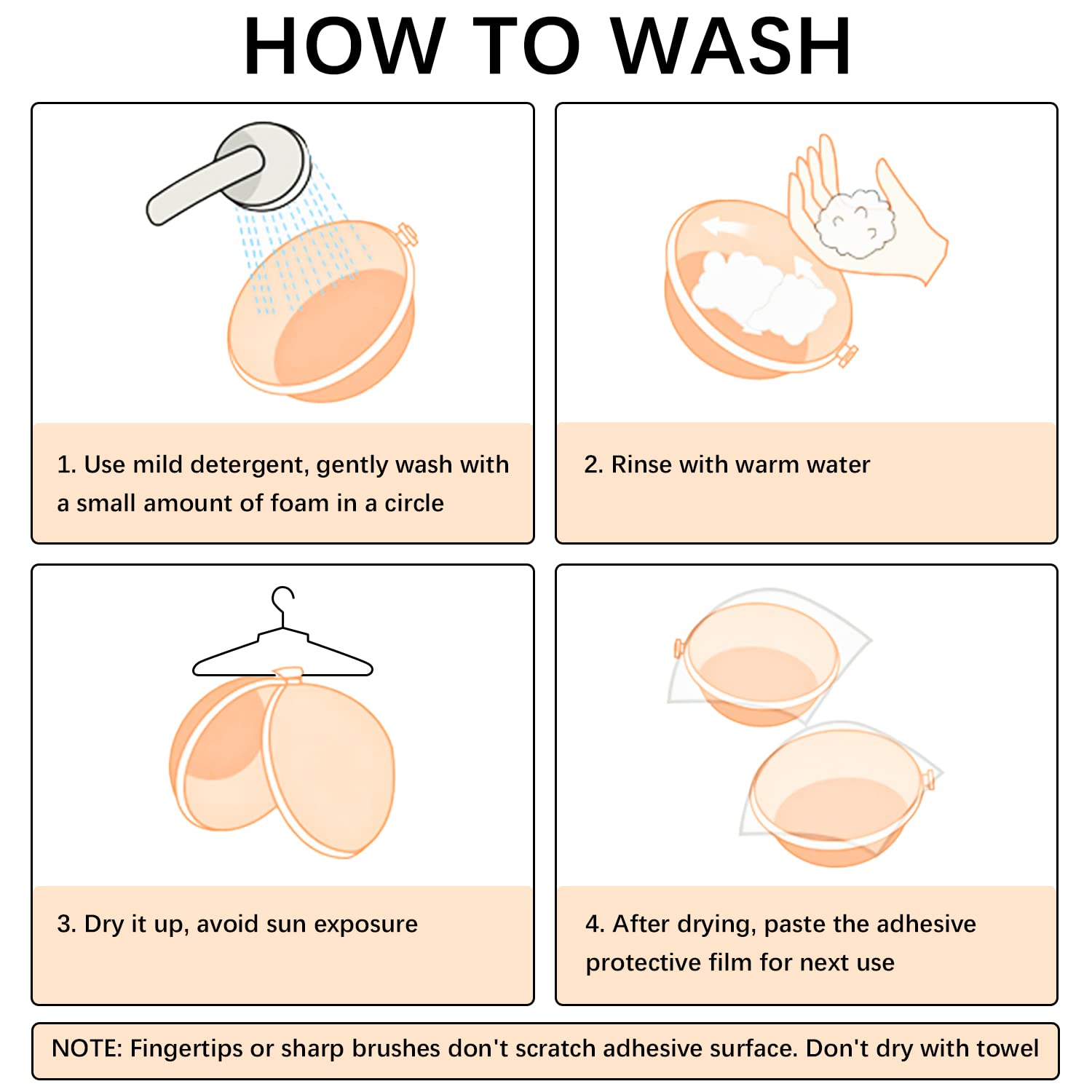 Step by step washing instructions for adhesive bra for backless dress including gentle wash, rinse, air dry, and reapplying protective film