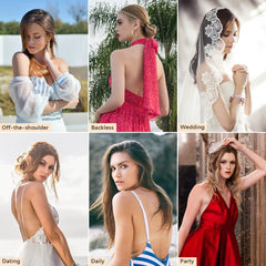 Awant adhesive bra for backless dress shown in various styles including off-the-shoulder, wedding, dating, daily, and party looks