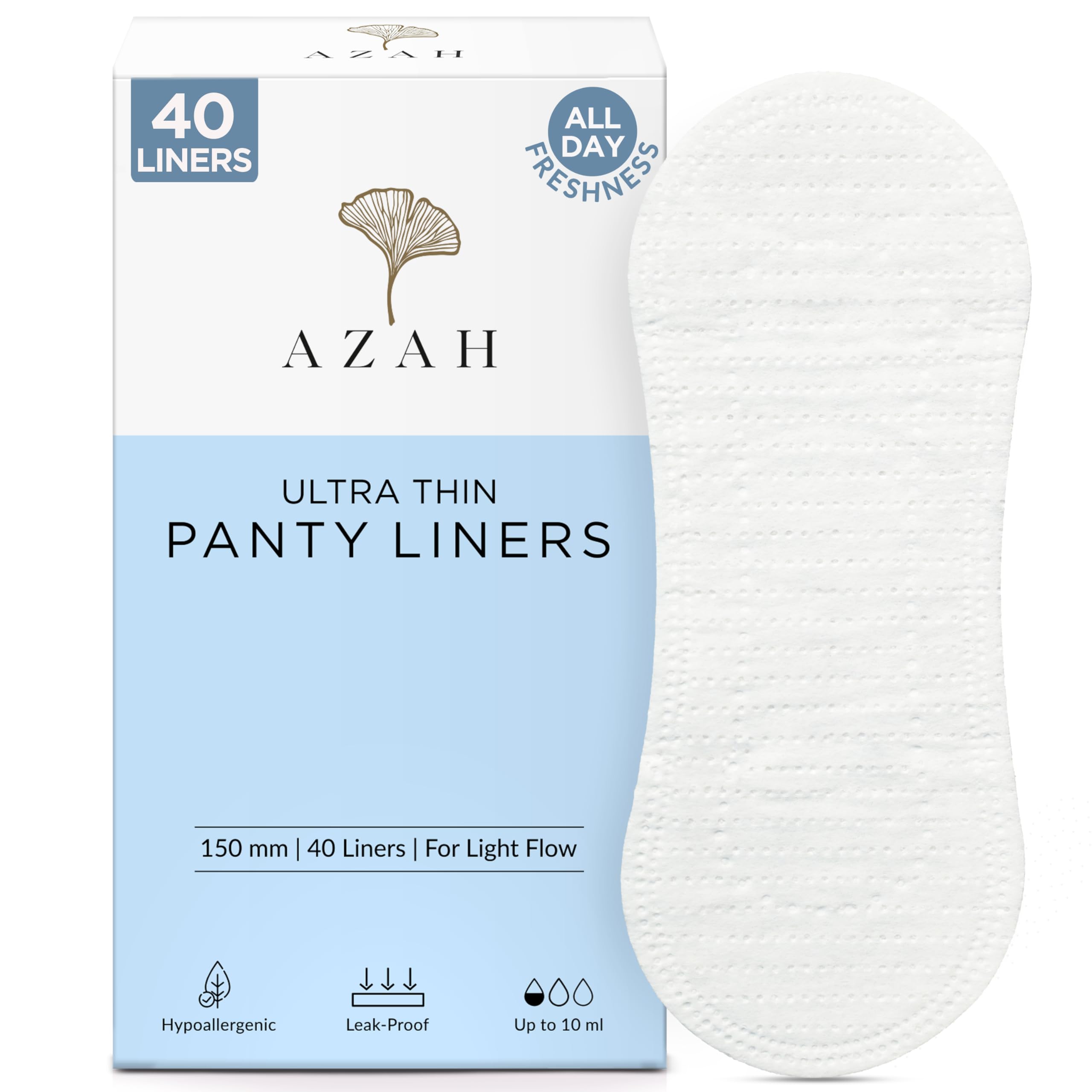 AZAH 40 count ultra thin organic cotton panty liners box with single white liner displayed