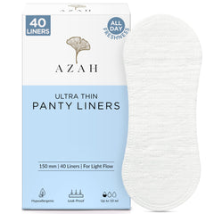 AZAH 40 count ultra thin organic cotton panty liners box with single white liner displayed