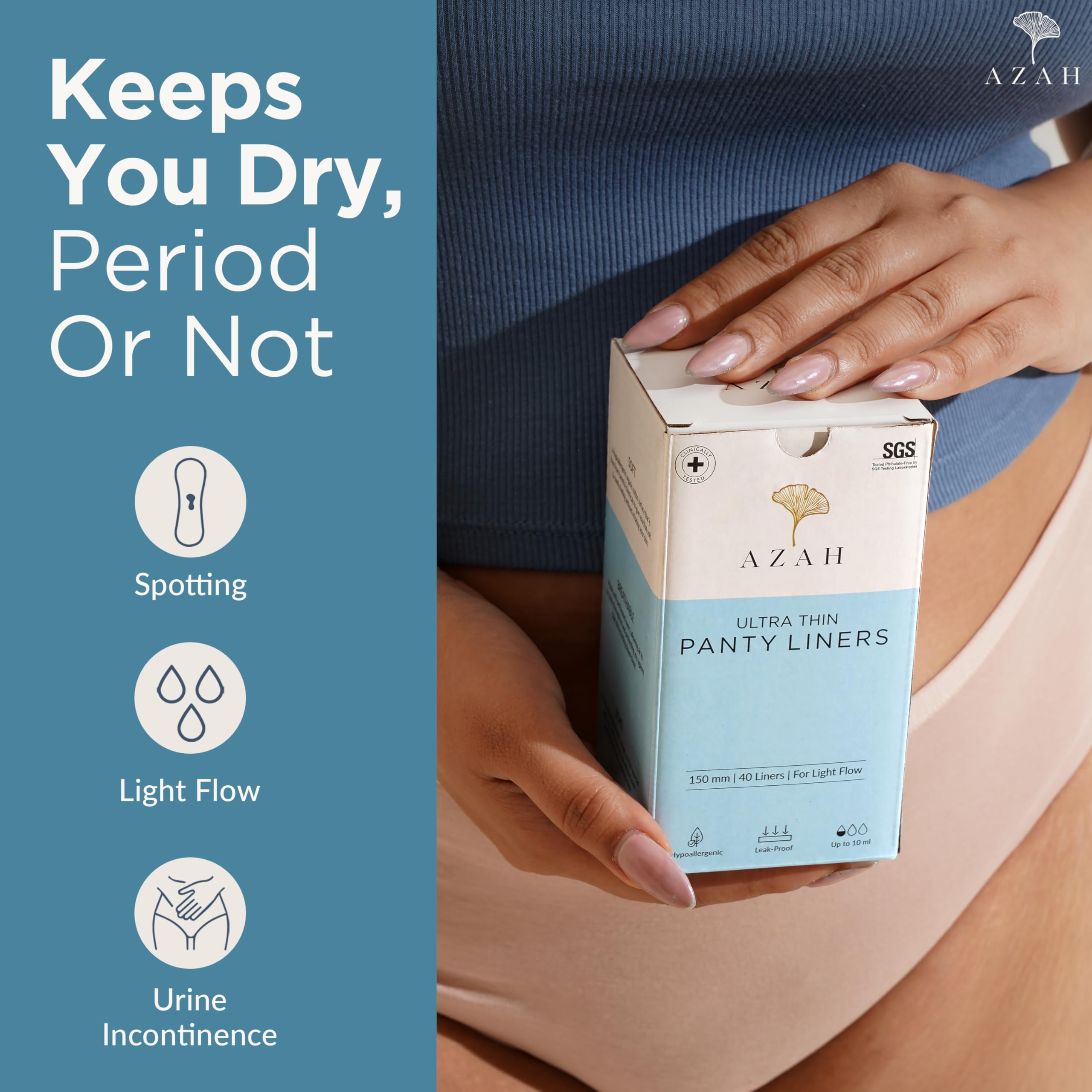 AZAH organic cotton panty liners box held by woman in nude underwear highlighting ultra thin liners and benefits