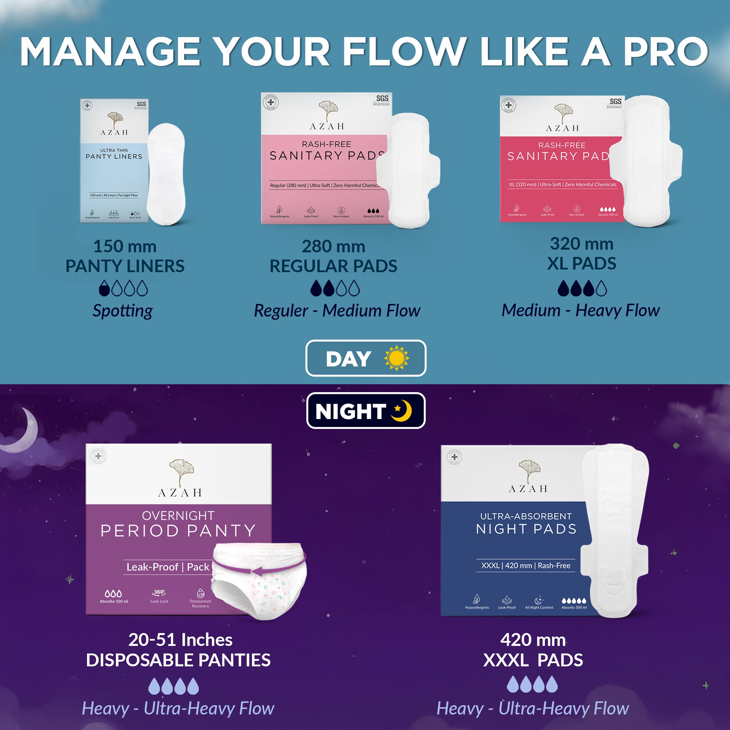 AZAH feminine care lineup showing organic cotton panty liners and pads for day and night flow management