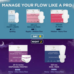 AZAH feminine care lineup showing organic cotton panty liners and pads for day and night flow management