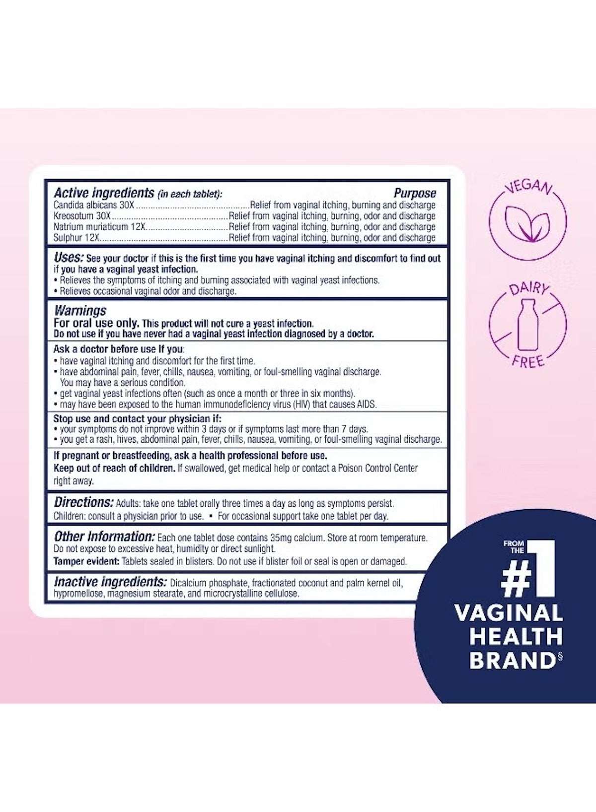AZO yeast infection relief tablets packaging with active ingredients and usage instructions clearly displayed