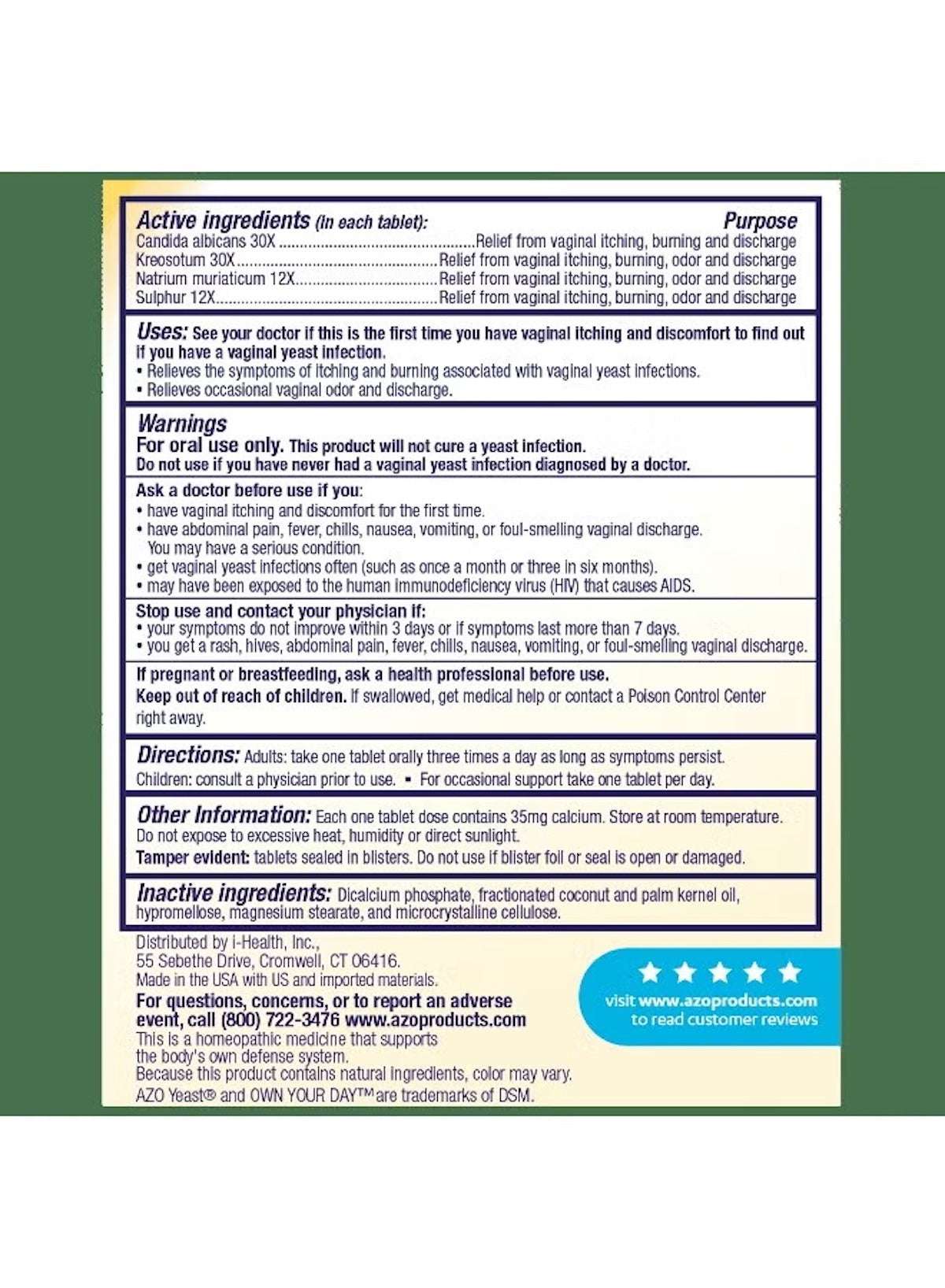 AZO Yeast Infection Relief Tablets with active ingredients for effective relief from discomfort