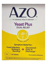 Yeast Plus Dual Relief tablets box front with yellow and purple branding