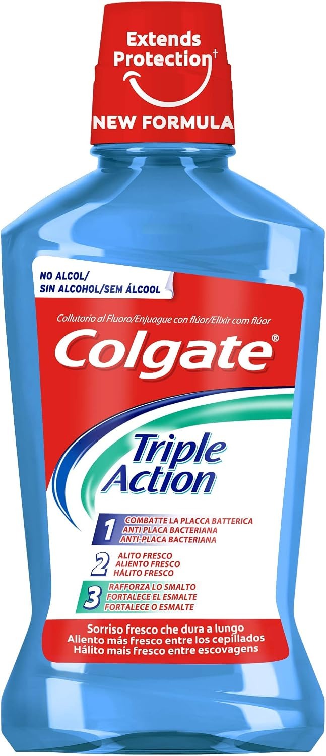 Colgate Triple Action mouthwash bottle with blue cap, fresh breath formula