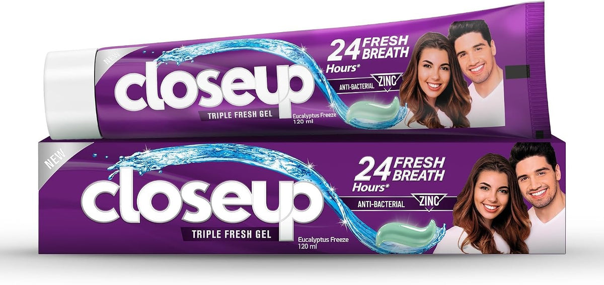 Closeup triple fresh gel toothpaste tube, purple with 24-hour fresh breath text.