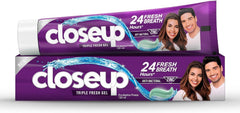 Closeup triple fresh gel toothpaste tube, purple with 24-hour fresh breath text.
