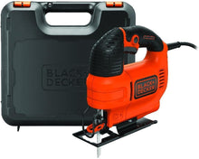 Orange and black compact jigsaw in open black case with jigsaw blade