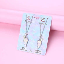 Two heart friendship necklaces on gift card, silver chains with holographic confetti pendants