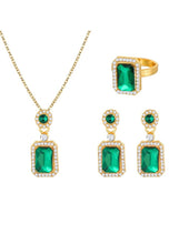 Jewelry set with green crystal necklace pendant, matching drop earrings, and ring