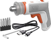 Cordless hexdriver tool kit with orange/white body, included bits, USB charging cables