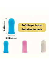 Three-pack soft silicone pet finger toothbrushes in blue, pink, and white
