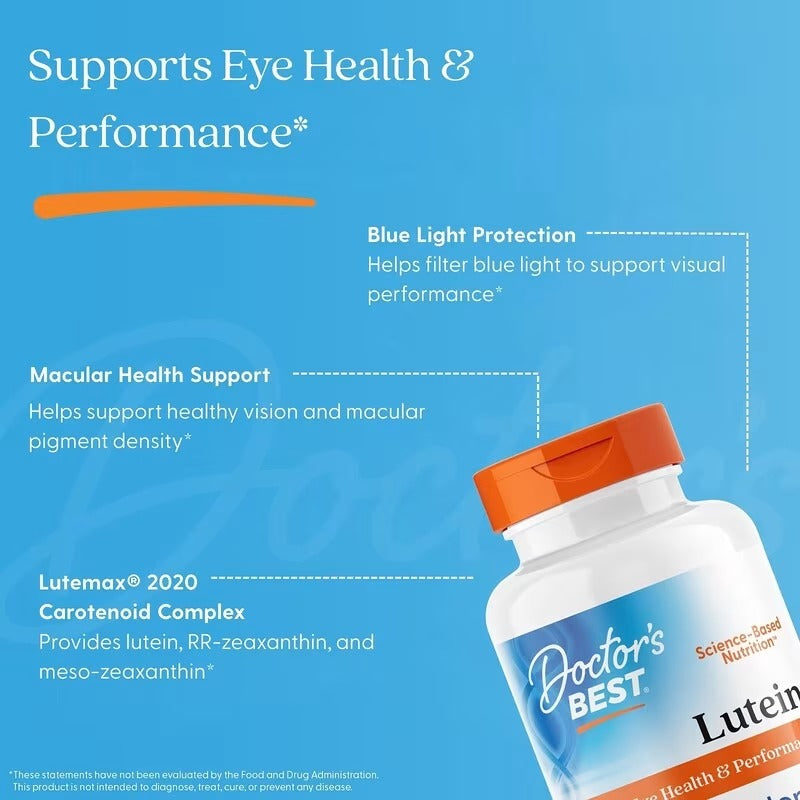 Lutein supplement bottle with orange cap and blue label