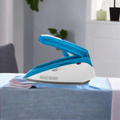 Blue steam iron with white base and pointed soleplate