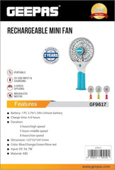 Geepas Rechargeable Mini Fan – Personal Portable Fan with 3 Speed Options – Quiet Electric USB Travel Fan for Office, Home and Travel Use (5V USB) – 8 Hours Working (Low Speed) –2 Year Warranty