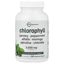 Chlorophyll supplement bottle with white cap, herb blend label and 3,000 mg