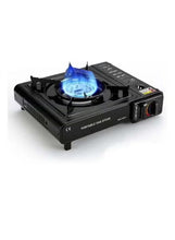 Black portable one-burner gas stove with blue flame and control knobs