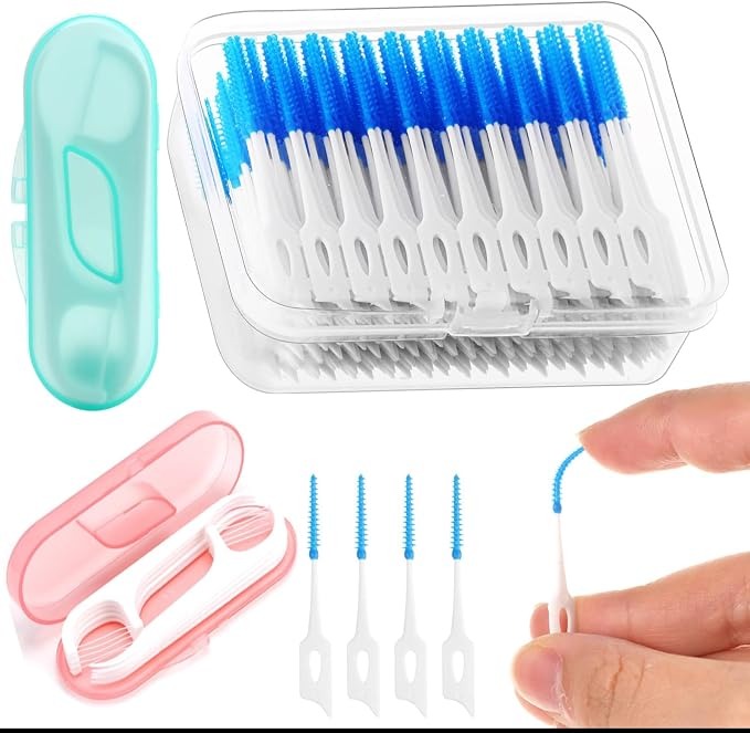 Tooth Floss Picks Interdental Brush Flosser Sticks, Dual-Use Dental Floss Sticks with 2Pcs Small Dental Floss Dispenser, Silicone Dental Brushes Blue Tooth Floss Picks for Braces Oral Cleaning