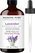 Lavender essential oil bottle with amber glass and black cap, plus glass dropper