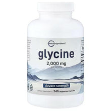 Glycine supplement bottle, white cap, 240 vegetarian capsules, 2,000 mg per serving.