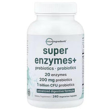 White supplement bottle labeled Super enzymes+ with prebiotics and probiotics