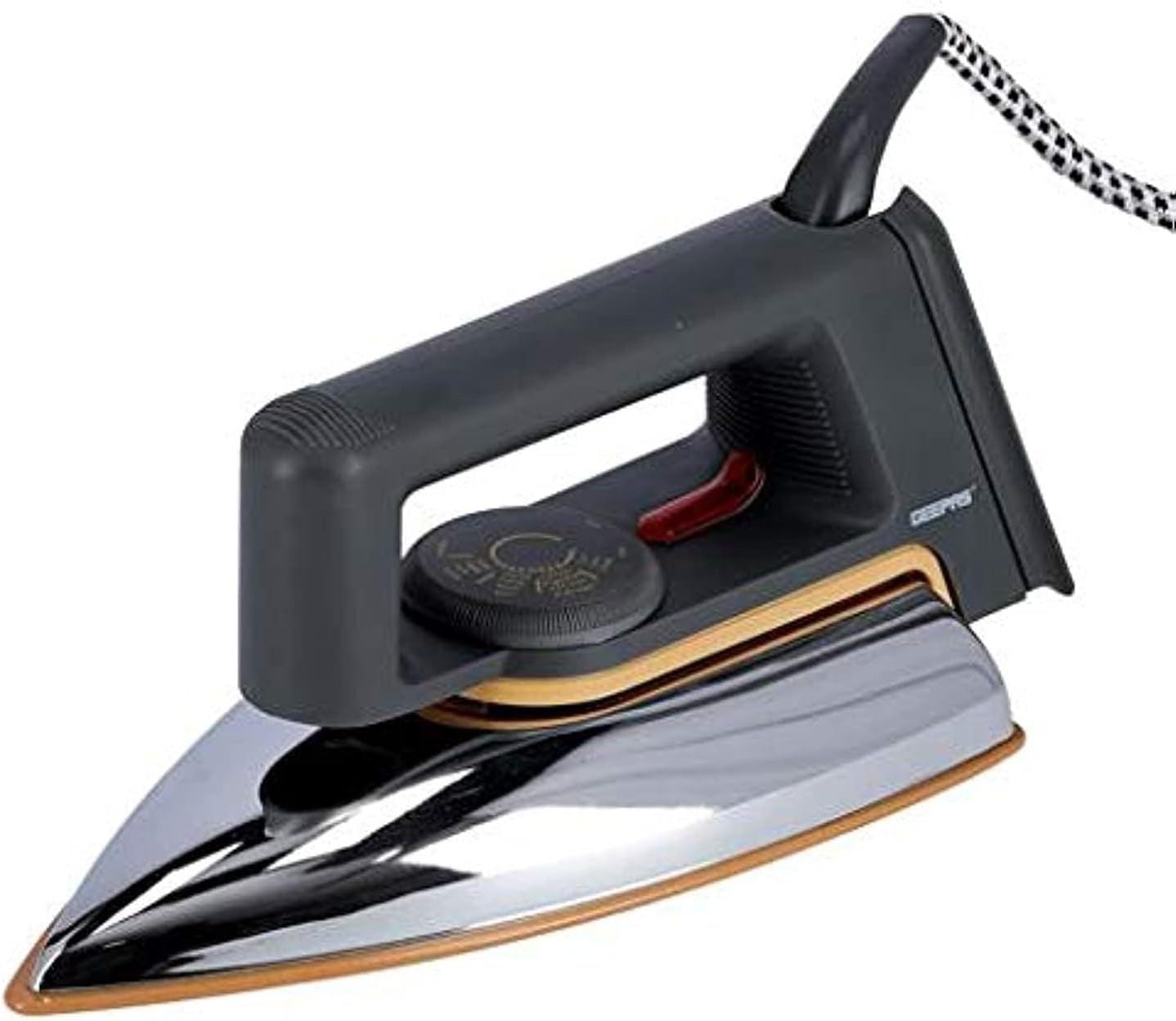Geepas electric dry iron with non-stick soleplate, dark gray body and gold trim