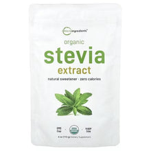 Organic stevia extract pouch, 4 oz front label with leaf graphic