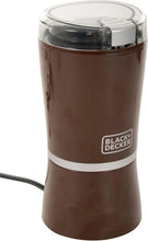 Coffee grinder with brown body and clear lid, Black+Decker logo on front.