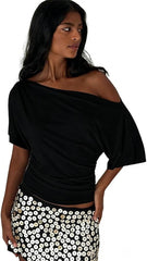 Women‘s Asymmetric Off Shoulder Top Slanted Neckline Ruched Waist Fitted Blouse Casual Party Wear Sleeveless Shirt