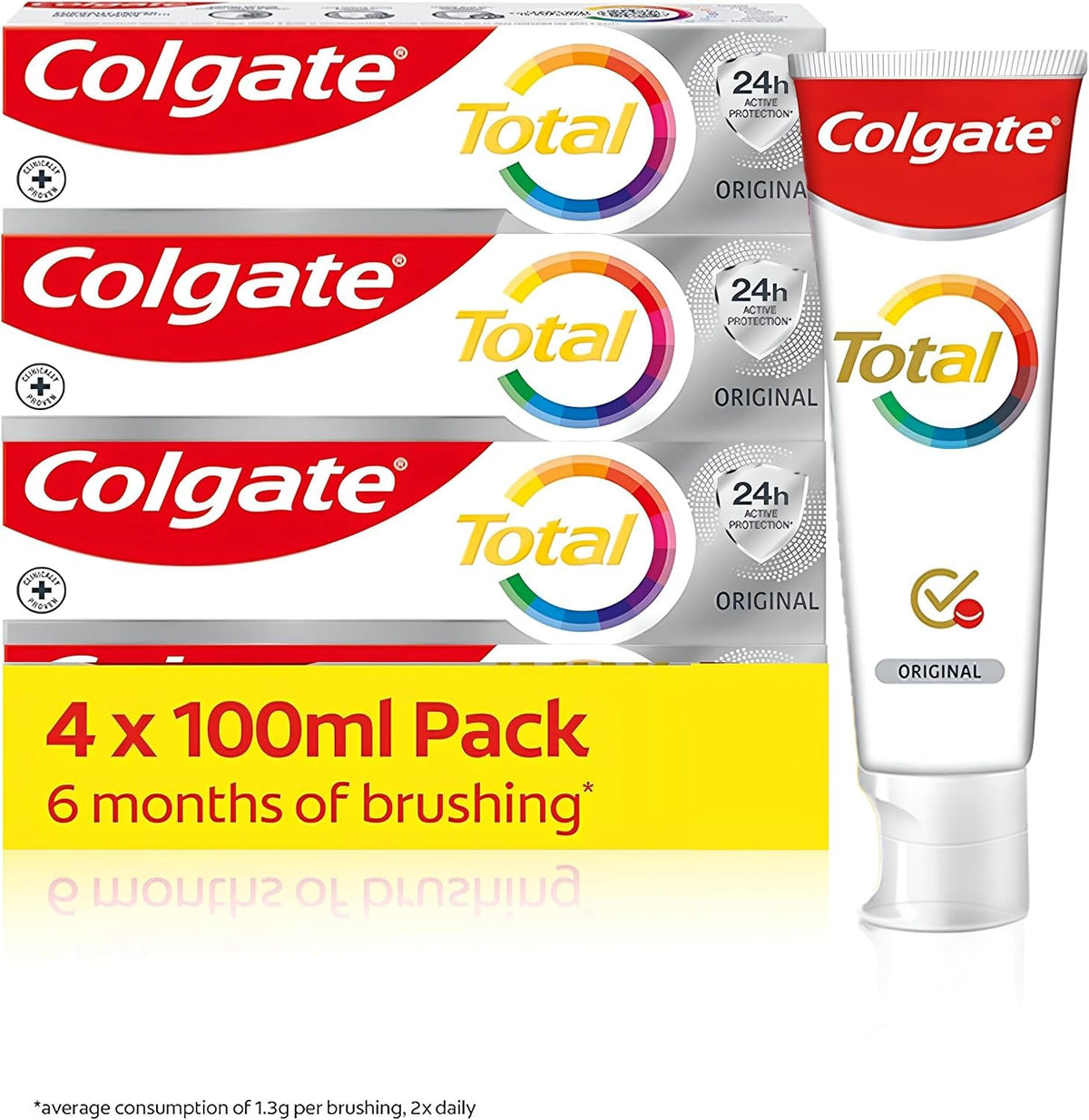Colgate Total Original Toothpaste 4x100ml | Stronger 24-hour bacterial defence* | Unique dual zinc antibacterial technology | 8 benefits for complete protection | Fresh breath | 6 months of brushing**
