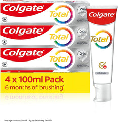Colgate Total Original Toothpaste 4x100ml | Stronger 24-hour bacterial defence* | Unique dual zinc antibacterial technology | 8 benefits for complete protection | Fresh breath | 6 months of brushing**