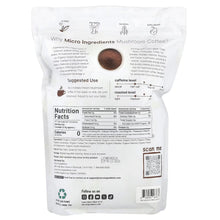 Organic mushroom coffee pouch back with nutrition facts, barcode, and suggested use
