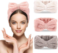 Set of 3 fuzzy bow headbands for washing face, blush pink and light beige