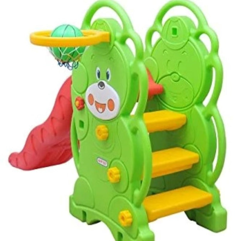 Huitich baby 3-in-1 slide and swing set with green bear design, yellow steps, red slide, and basketball hoop