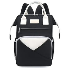 Black baby backpack with white handles and front pocket, insulated front compartment