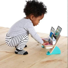 Wooden baby piano toy with colorful keys, touch screen display, teal base