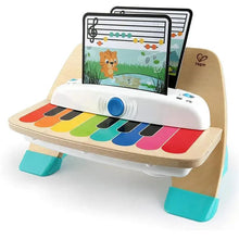 Wooden activity piano toy with colorful keys and picture screen display