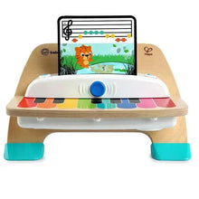 Wooden music toy piano with colorful keys, tablet screen, and blue button on top