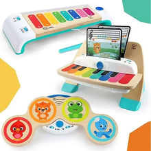 Wooden music toy piano with rainbow keys, tablet screen, and character light panels