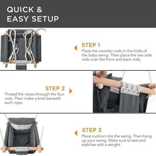 Baby fabric swing setup view with grey seat, white lace trim, and ropes