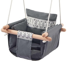 Baby fabric swing with wooden bar, grey seat with white lace trim
