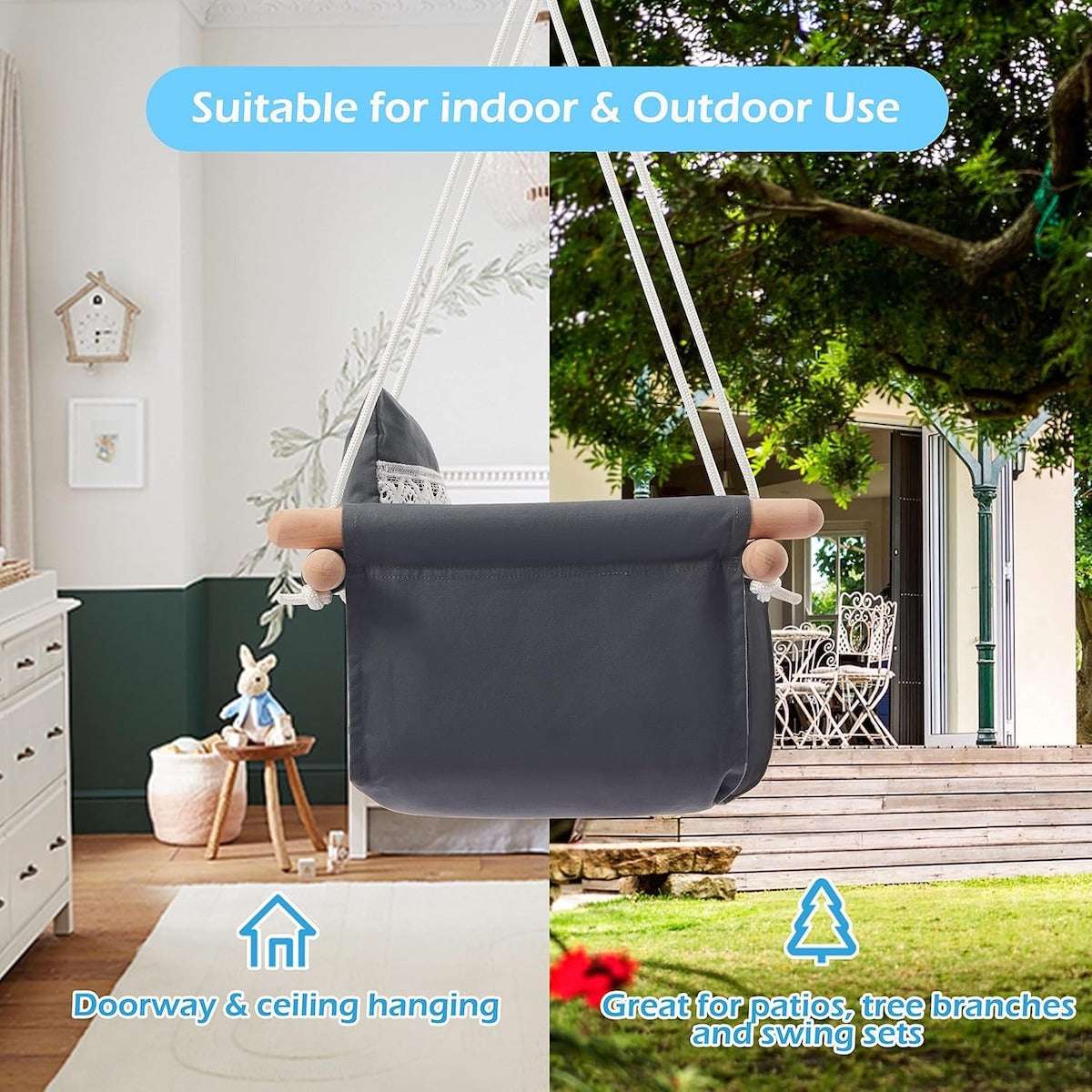 Huitich baby fabric swing with wooden frame for indoor and outdoor use, perfect for patios and trees