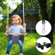 Baby fabric swing with grey seat and white lace trim, suspension ropes and child