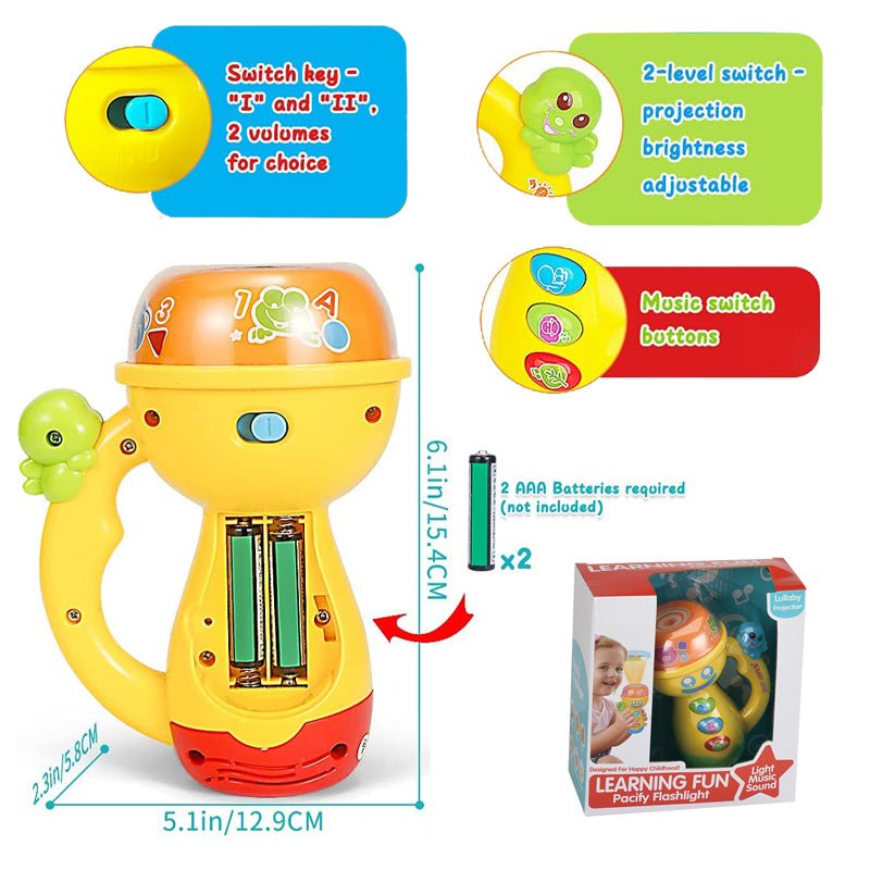 Huitich educational kids torch with songs and animal sounds yellow flashlight with projection and music buttons