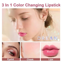 Huitich baby pink glitter lipstick shown on lips, eyelid, and cheek with color changing effect