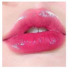 Close-up of lips wearing Huitich baby pink glitter lipstick with a shiny and glossy finish