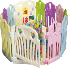 Colorful plastic baby playpen with pastel panels and arched doors, enclosed play area.