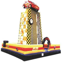 Inflatable rock climbing play structure with yellow, red, and black checkered wall